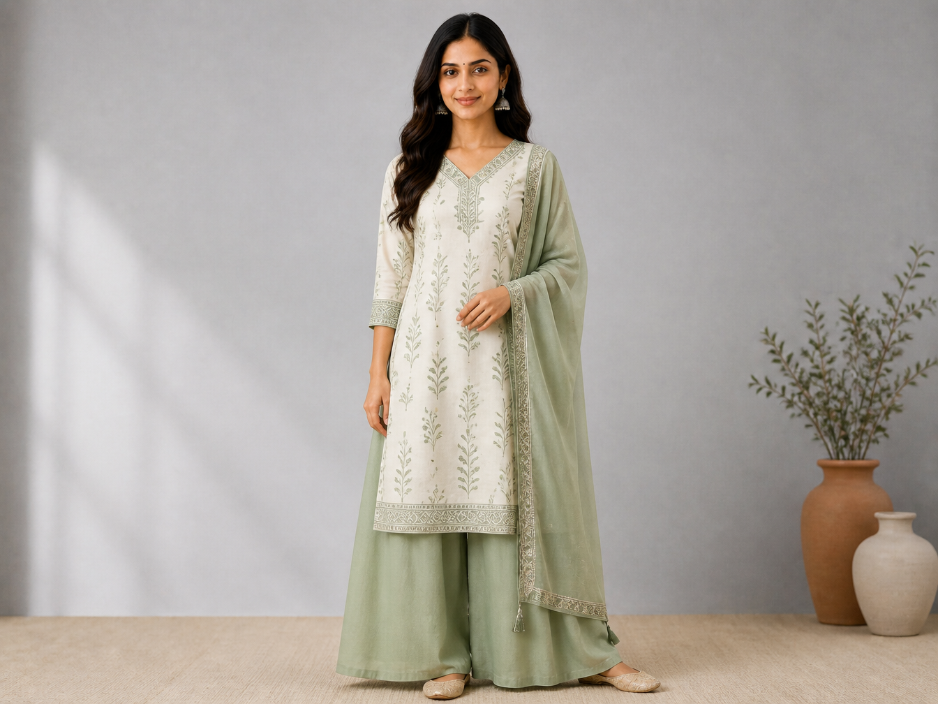 Soft Cotton Saree in sage and cream